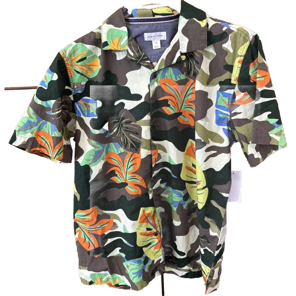 Sun Stone Men M Button Down Shirt Green Leafy Camo Print NEW Cotton Short Sleeve